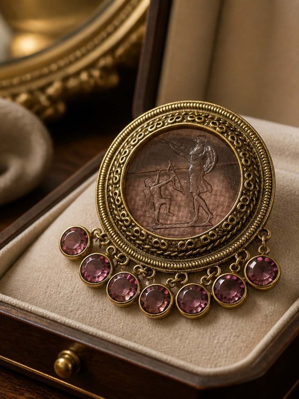 Goldette Medallion Brooch with Pink Glass Drops